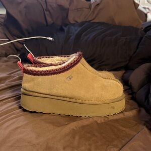 UGG Chestnut Suede Slippers with Burgundy Trim
